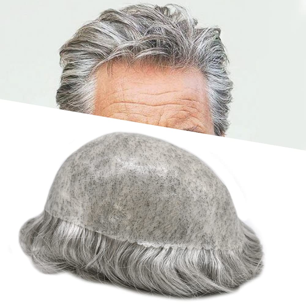 Toupee for Men Hairpiece Mens Hair Replacement System Full Injected PU Durable Skin Mens Toupee Wig Male Prosthesis Full Poly Skin Soft Human Hair Piece for Men Black Brown Blonde Grey (8"x10" #1B80 Off Black+80%Gray-120% Medium Light to Medium Density)