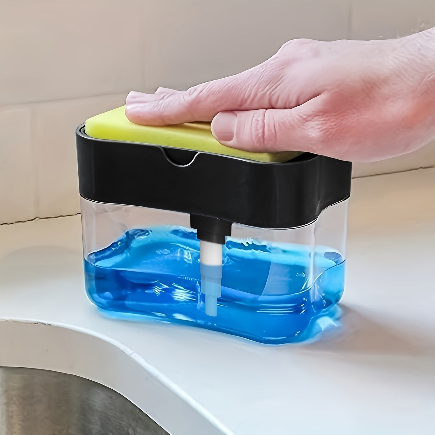 Dispensador de jabón para lavavajillas con estante de esponja, manual de operaci
