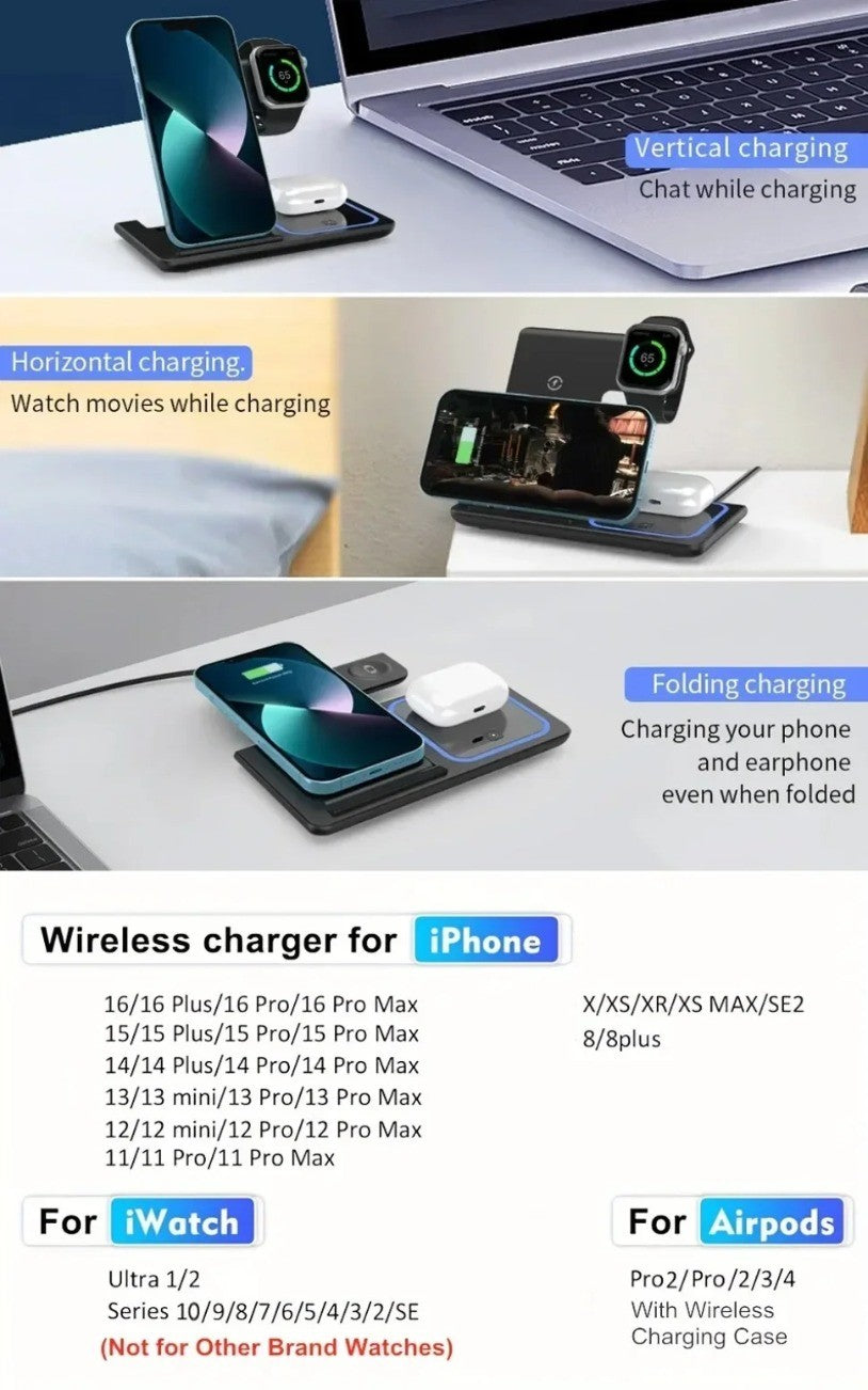 Estación de Carga Inalámbrica Plegable 3 en 1 para iPhone 17 16 15 14 13 12 Pro