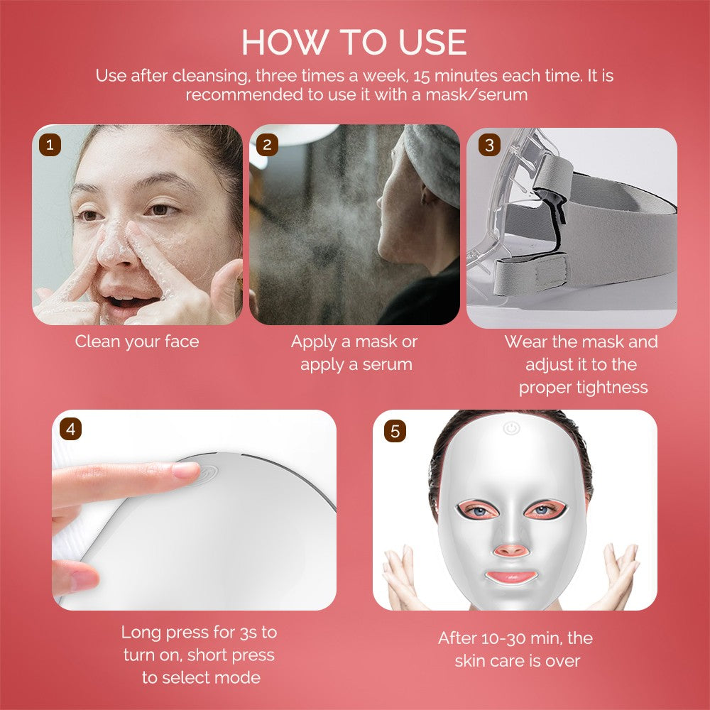 Mascarilla LED Facial recargable, mascarilla de belleza con fotos LED de 7 color