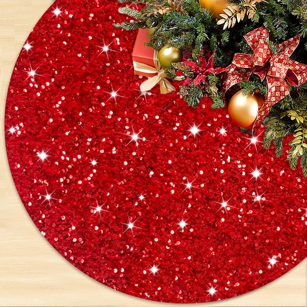 ROMANKAS Sequin Christmas Tree Skirt Red 60 Inch Sparkly Velvet Tree Skirt Large Xmas Tree Mat Vintage Shimmer Xmas Tree Skirts Sequined Glitter Christmas Tree Collars Party Home Xmas Tree Cover