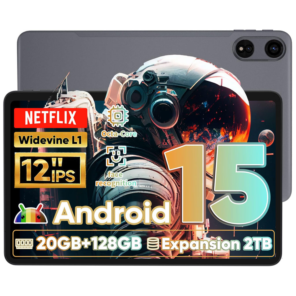 Tablet 12 Inch Android 15 Tablet 20GB RAM 128GB ROM 2TB Expand Tablets with IPS 1200 * 20002K Display T615 Octa Core CPU 5MP+13MP Widevine L1 8000mAh Battery BT5.2 GPS 2.4G/5G WiFi
