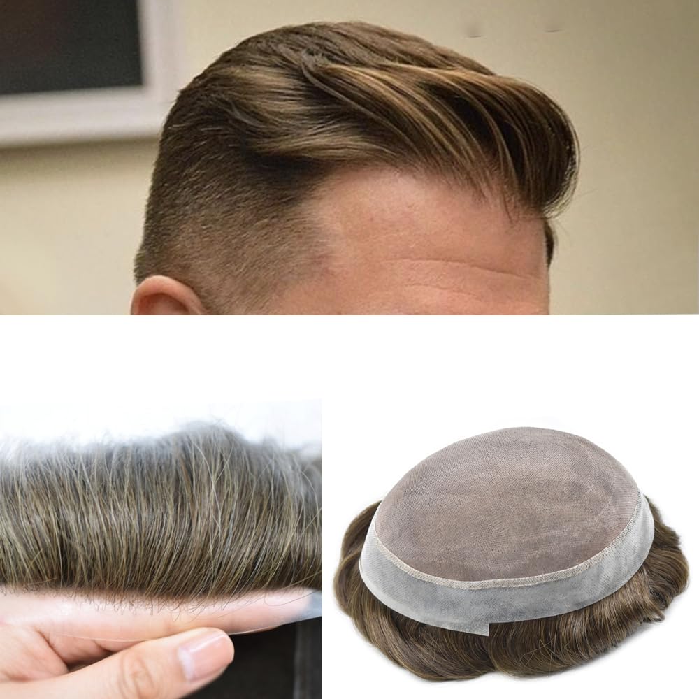 Toupee for Men Hair System Replacement Mens Human Hair Piece Fine Mono Mens Toupee Clear Poly Skin Around Hairpiece Monofilament Wig 8"X10" #3 Dark Brown-120% Medium Light to Medium Density