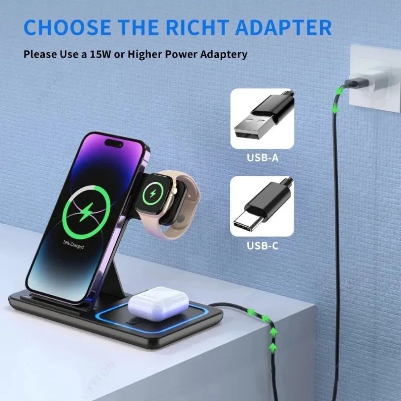 Estación de Carga Inalámbrica Plegable 3 en 1 para iPhone 17 16 15 14 13 12 Pro