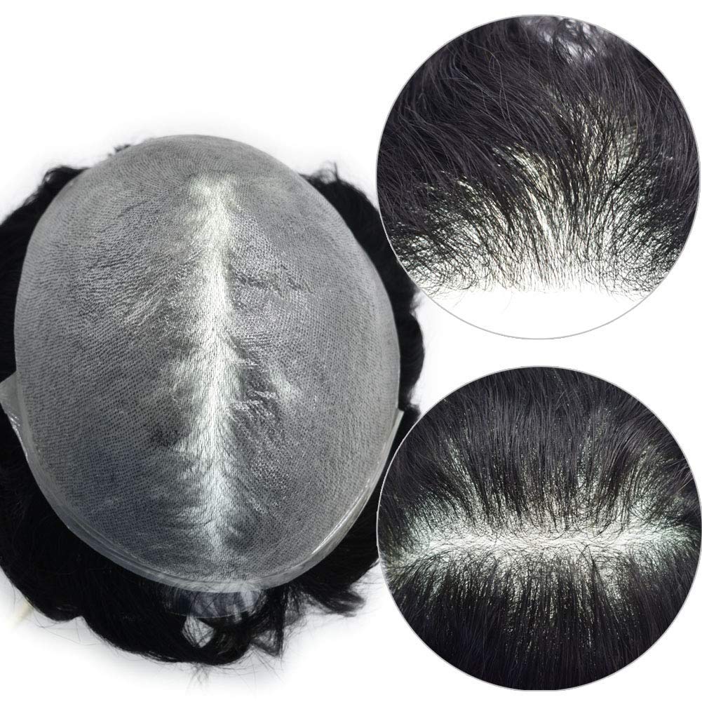 LYRICAL HAIR Piece For Men Ultra Thin Skin V-looped Mens Toupee Full Poly Human Hairpiece Wig System Protesis Capilar Para Hombre 8"X10"-100% Light to Medium Light Density 1B# Off Black/Natural Black