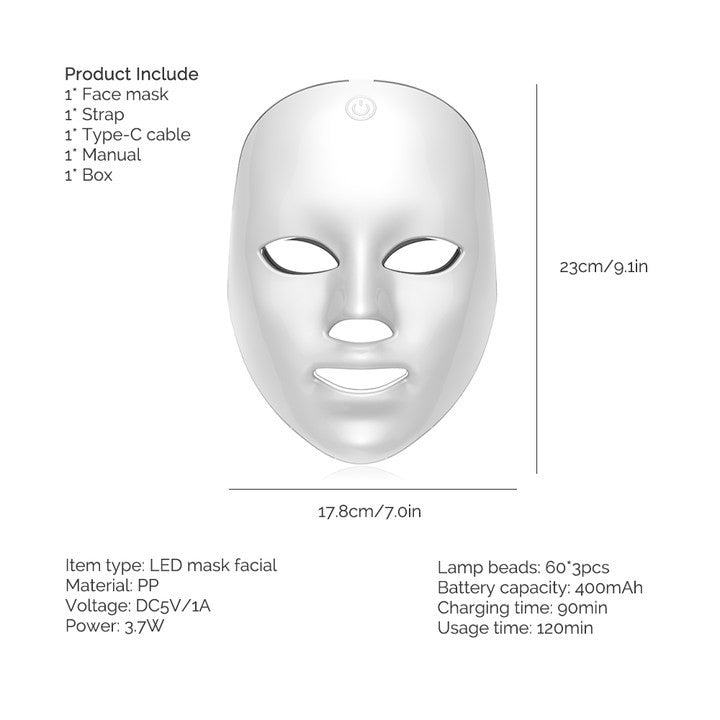 Mascarilla LED Facial recargable, mascarilla de belleza con fotos LED de 7 color