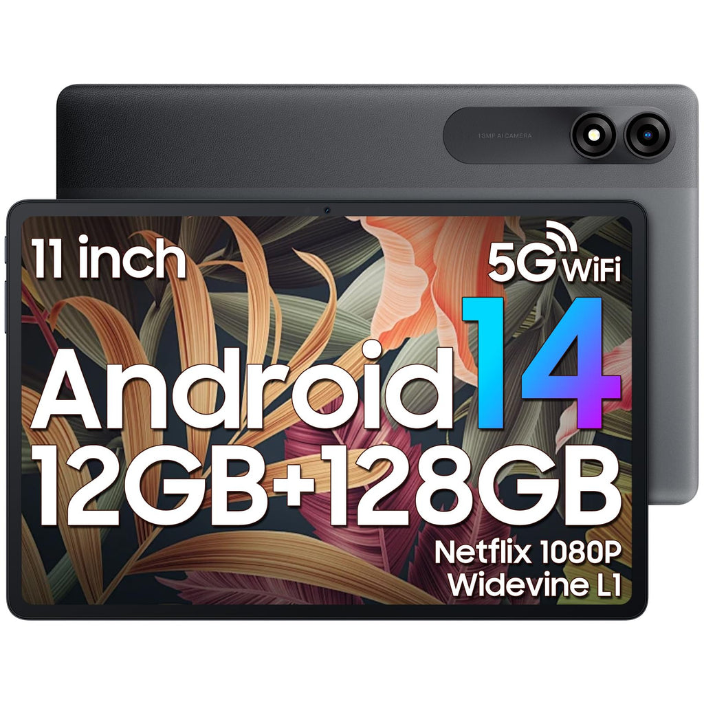 Blackview Tablet 11 inch Android 14 Tablets 90WiFi with 12GB+128GB Storage(Expand to 2TB) Unisoc T606 CPU 8200mAh IPS Display Widevine L1 5G WiFi 13MP+8MP Camaras/Face ID Gray